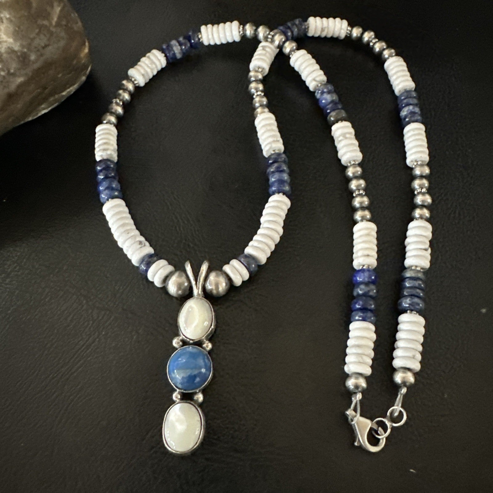 Blue Lapis White MOP Howlite Pendant Navajo Sterling Silver Necklace 19656