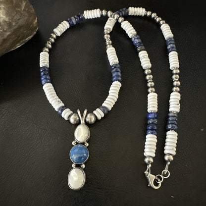 Blue Lapis White MOP Howlite Pendant Navajo Sterling Silver Necklace 19656