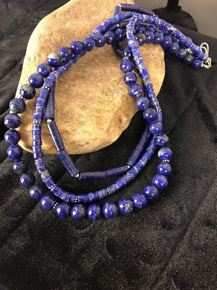Denim Lapis 3 Strands Navajo Sterling Silver Necklace 22" 03666