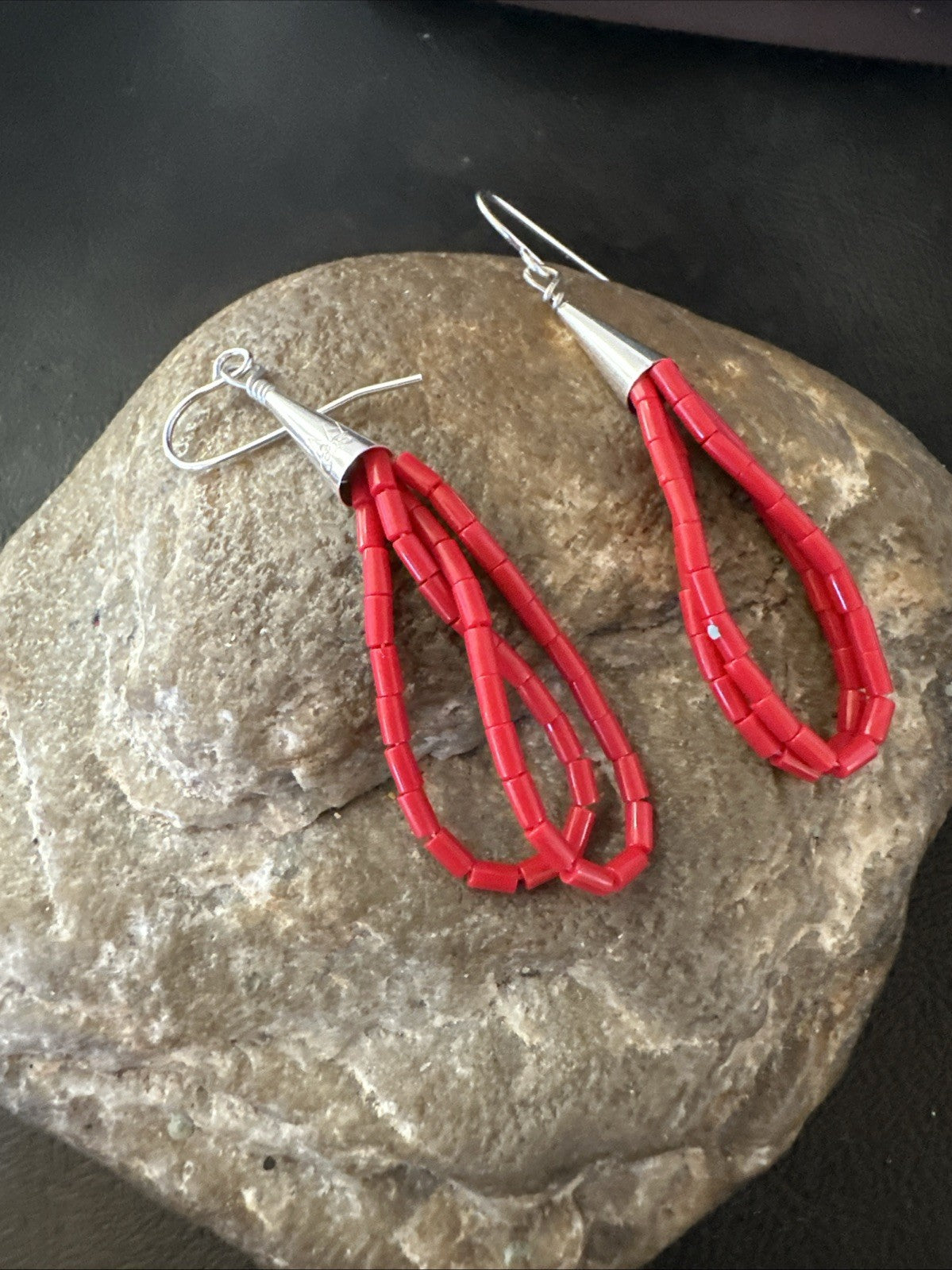 Native Red Coral Heishi Tube Liquid Sterling Silver Dangle Earrings 2" 4399