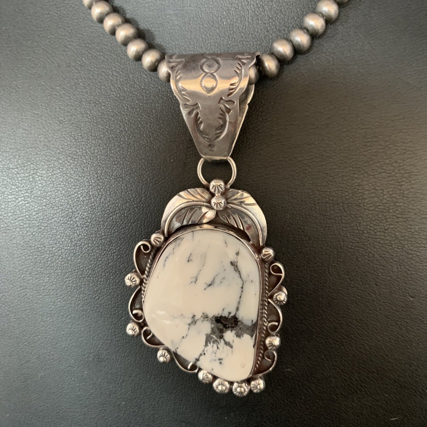 White Buffalo Turquoise Pendant Necklace Sterling Silver Navajo 13993