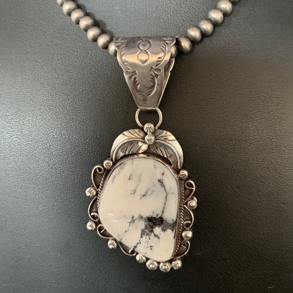 White Buffalo Turquoise Pendant Necklace Sterling Silver Navajo 13993