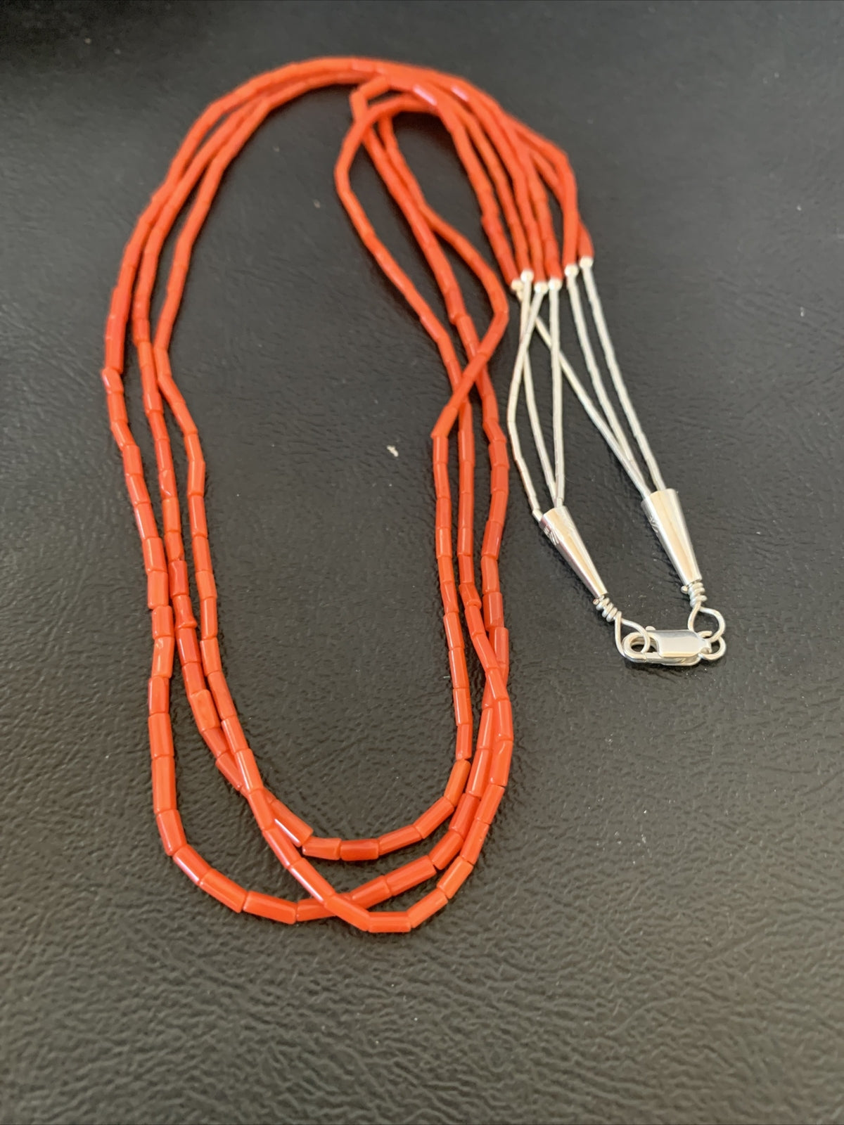 Natural Red Coral Heishi 3 Strands Sterling Silver Earrings & Necklace 20" 01218