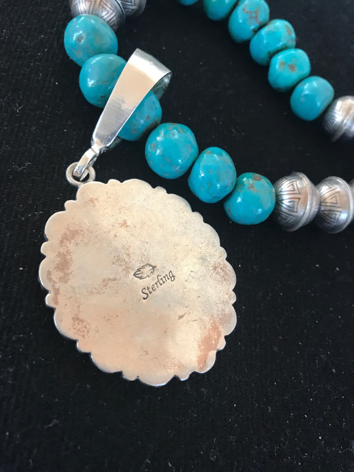 Navajo Pearls Kingman Beads Turquoise Sterling Silver Necklace Pendant 01223