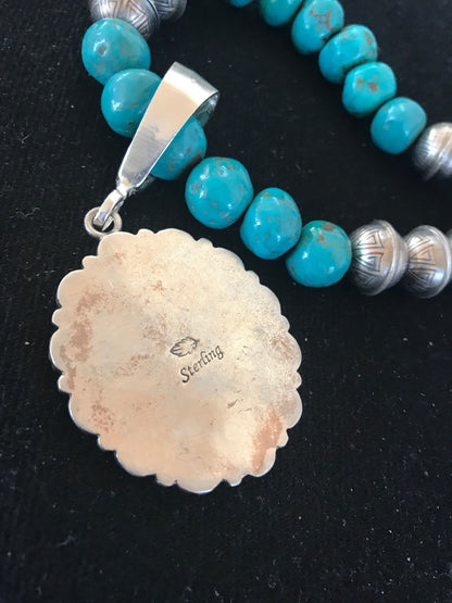 Navajo Pearls Kingman Beads Turquoise Sterling Silver Necklace Pendant 01223
