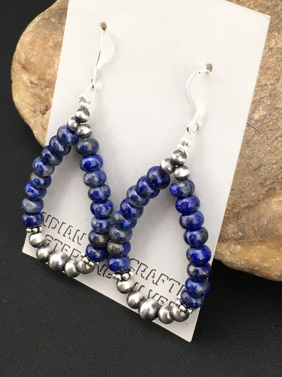 Blue Lapis Lazuli Bead Navajo Sterling Silver Dangle Earrings 2" 1250
