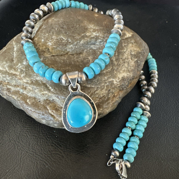 Women's Blue Kingman Turquoise Pendant Navajo Necklace 21" | Sterling Silver | Authentic Native American Handmade | 19055