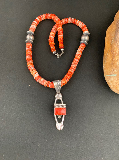 Mens Red Spiny Oyster Pendant Navajo Pearls Sterling Silver Necklace 18359