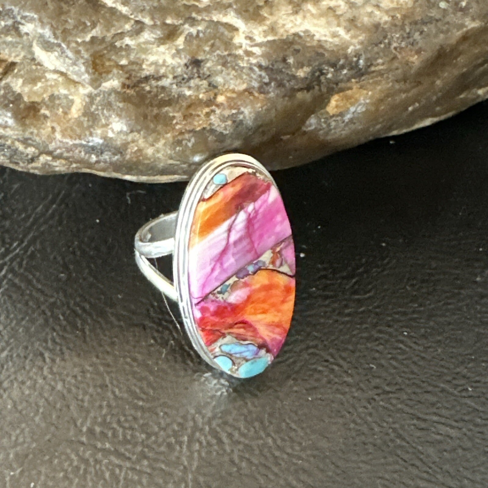 Blue Turquoise Spiny Oyster Southwestern Sterling Silver Ring Size 7 18494