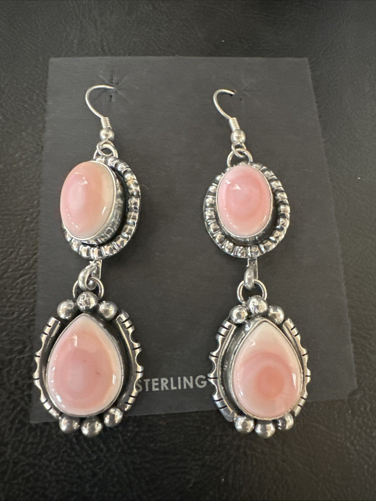 Yazzie Pink Queen Conch Navajo Sterling Silver Dangle Earrings 19321
