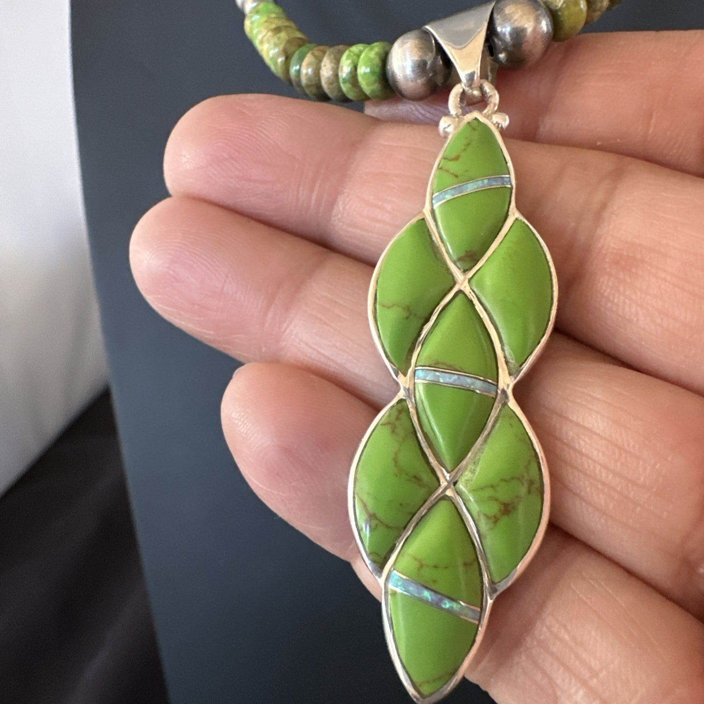 Womens Green Gaspeite Turquoise Opal Pendant Sterling Silver Necklace 19548