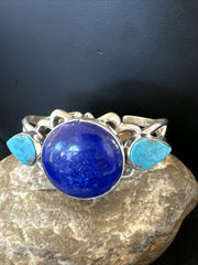 Kingman Turquoise Lapis Navajo Tufa Cast Cuff Bracelet | Sterling Silver | Authentic Native American Handmade | 17984