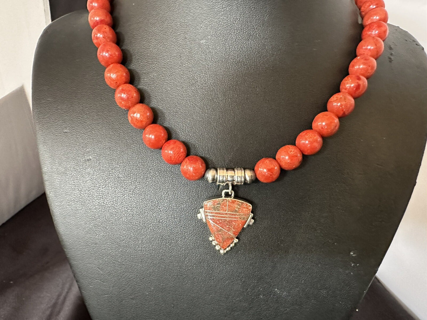 Navajo Apple Sponge Coral Sterling Silver Necklace Pendant 18328