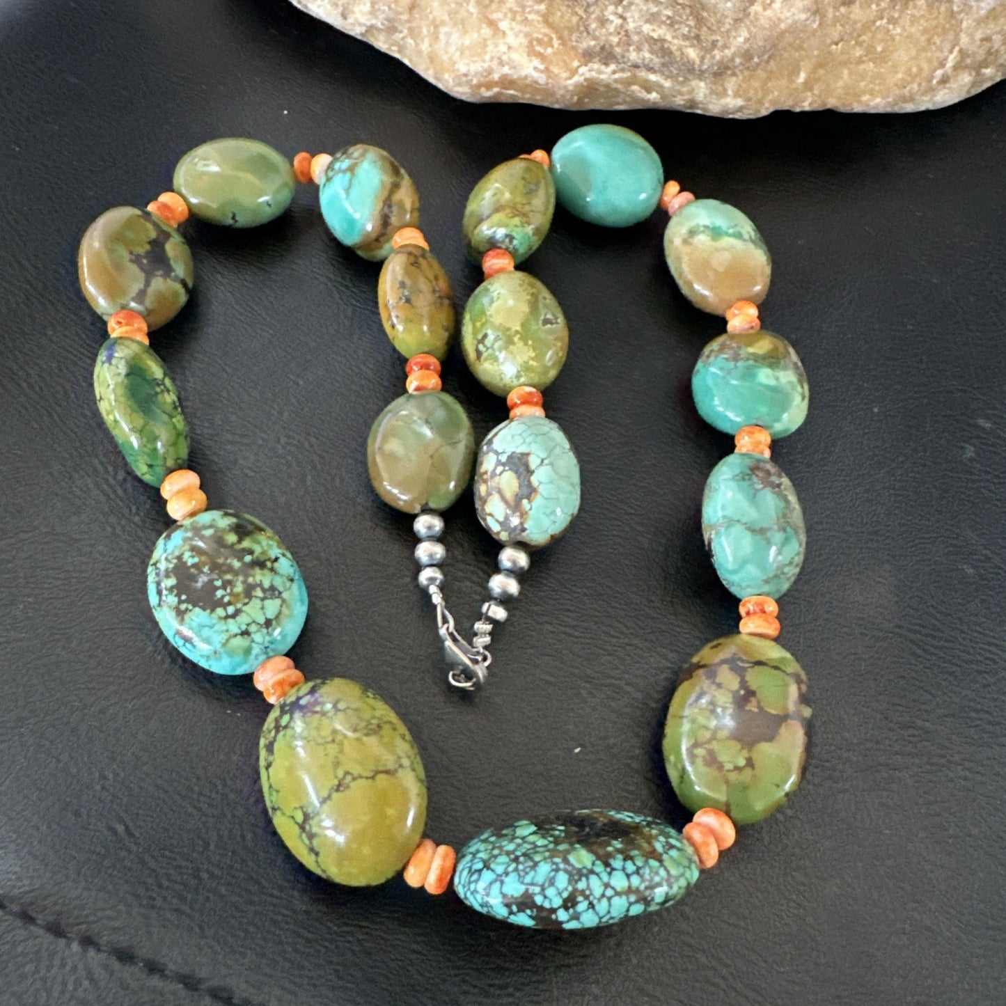 Blue Green Turquoise Spiny Chunky Navajo Sterling Silver Necklace 22” 19253
