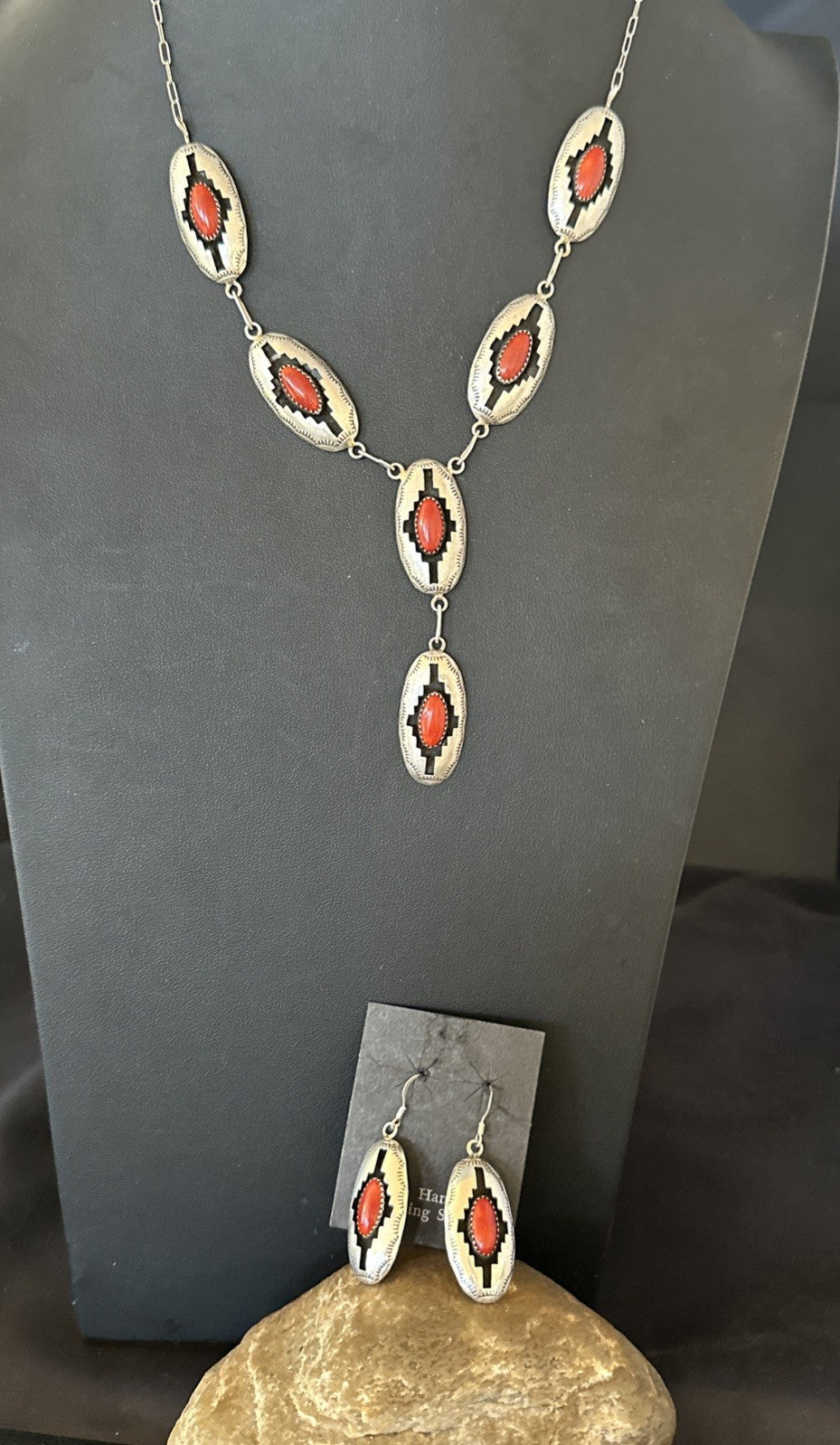 Old Native Navajo Red Coral Sterling Silver Shadowbox Necklace Earrings 18”19101