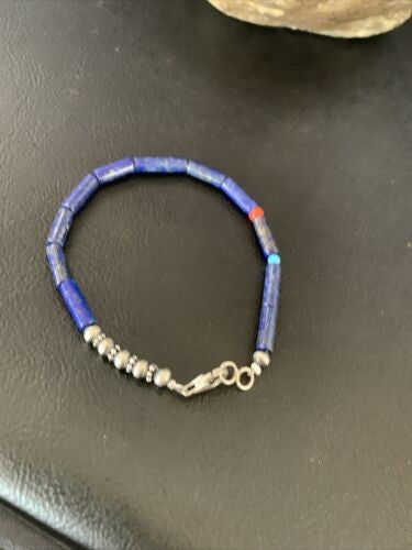 Navajo Lapis Turquoise Coral Beaded Bracelet Sterling Silver 7" 13117