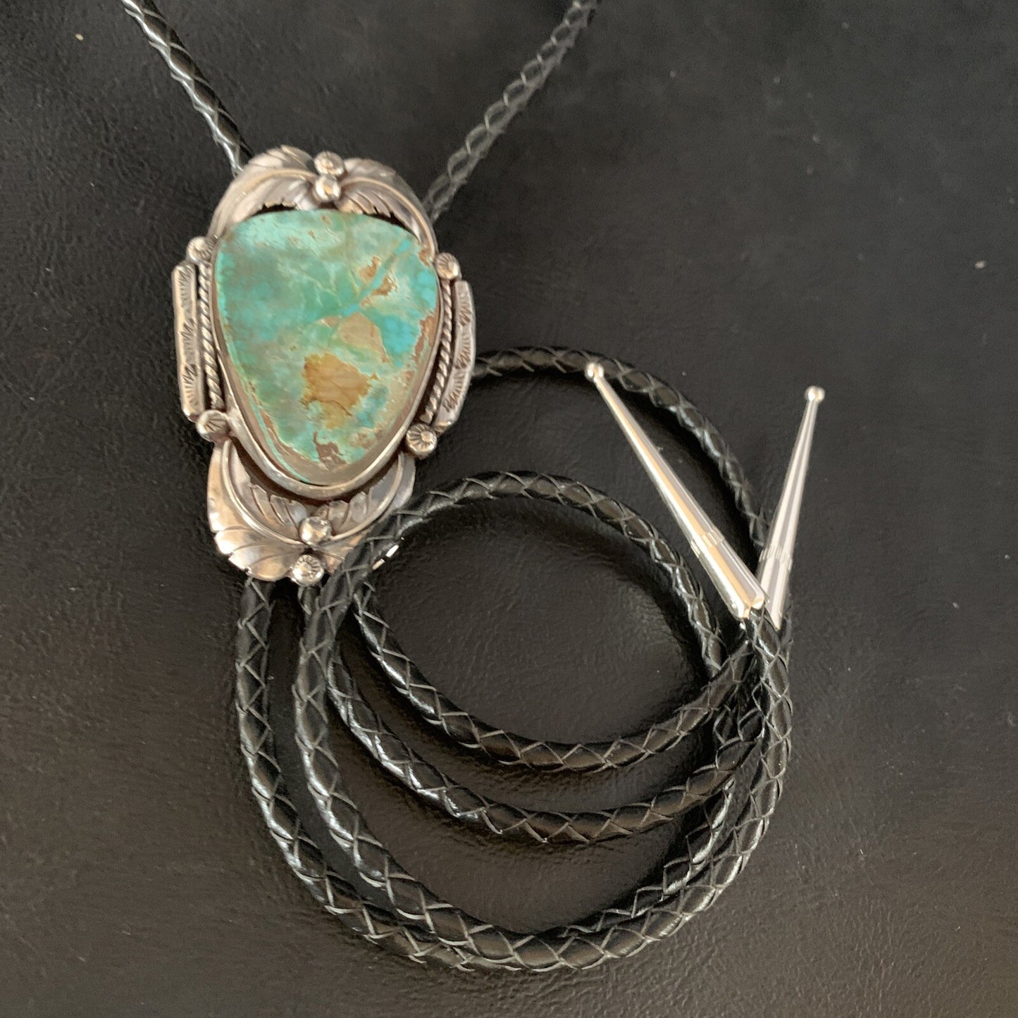 Native Mens Bolo Tie Green Royston Turquoise Sterling Silver Navajo 14108N