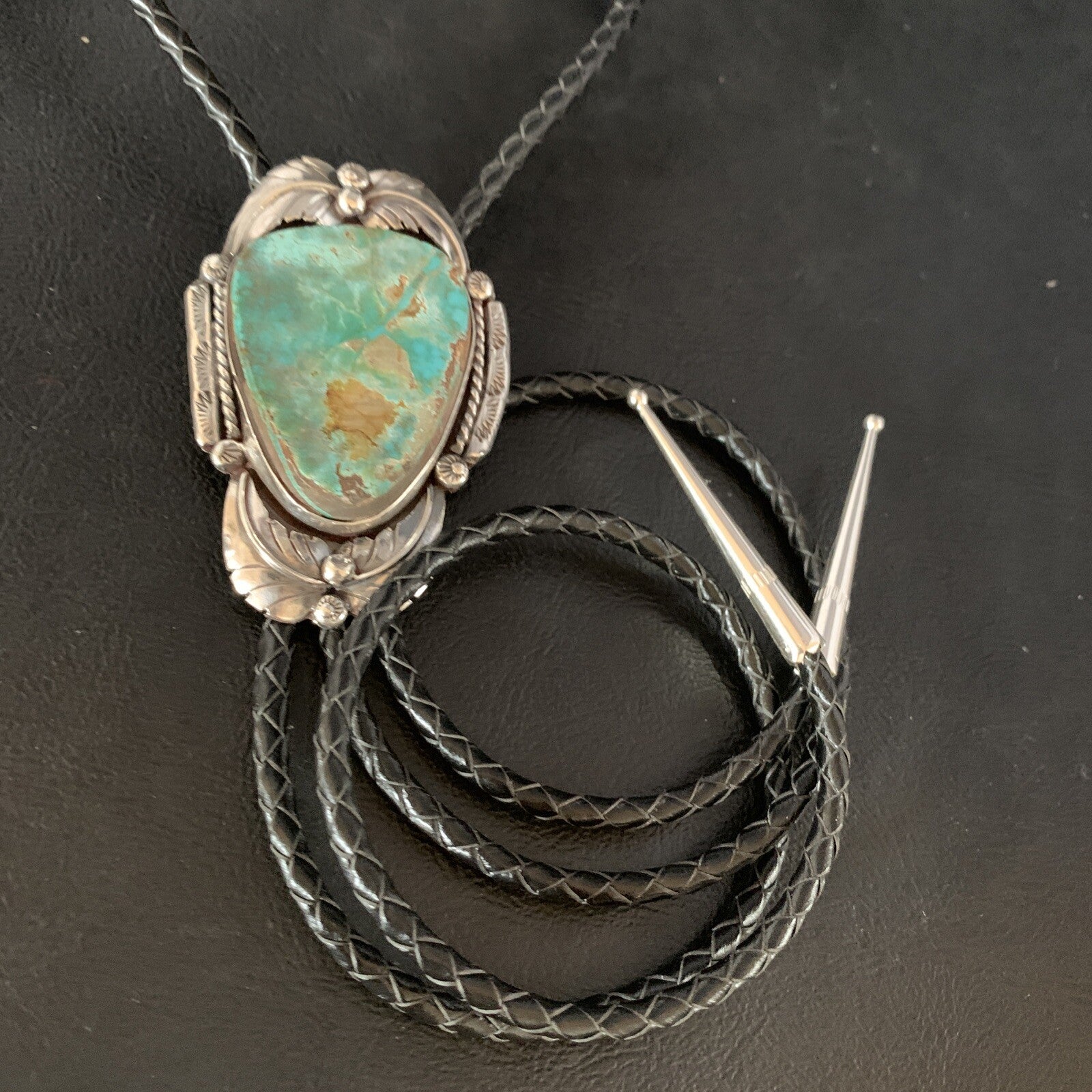 Native Mens Bolo Tie Green Royston Turquoise Sterling Silver Navajo 14108N