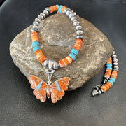 Butterfly Orange Spiny Turquoise Opal Necklace Pendant | Sterling Silver | Authentic Native American Handmade | 18677