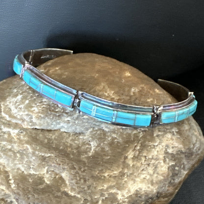 Opal Blue Turquoise Navajo Old Pawn Sterling Silver Inlay Bracelet 7.5" 18126