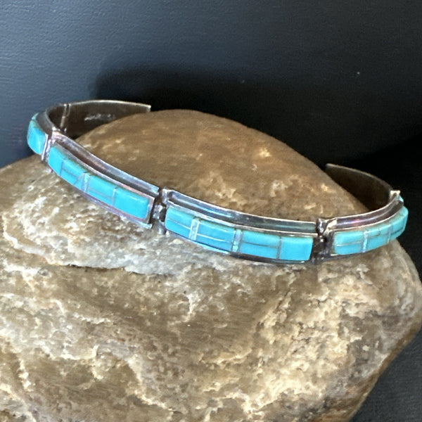 Opal Blue Turquoise Navajo Old Pawn Inlay Bracelet 7.5" | Sterling Silver | Authentic Native American Handmade | 18126