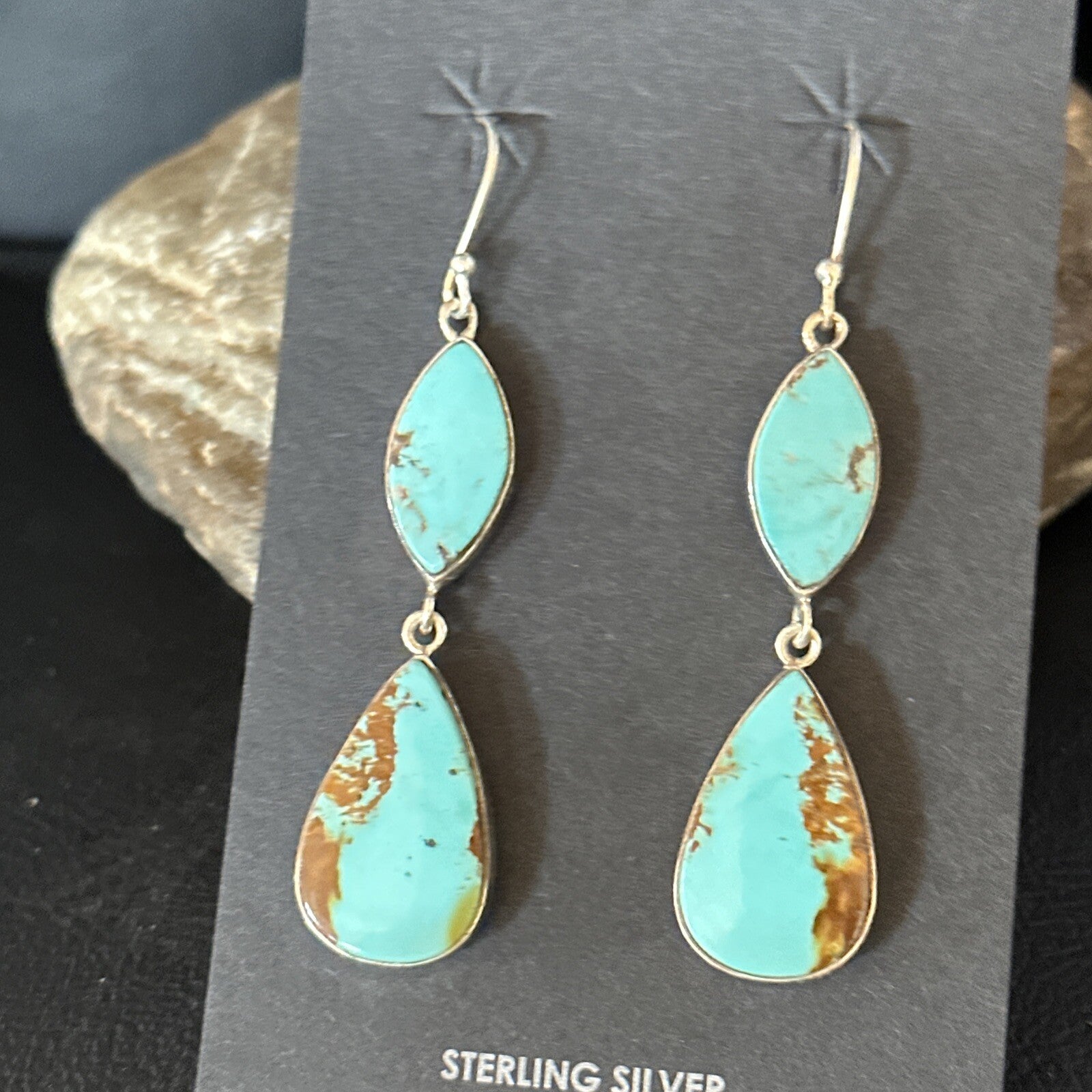 Blue Kingman Turquoise Navajo Sterling Silver Dangle Earrings 14577