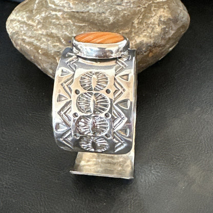 Stamped Orange Spiny Oyster Navajo Sterling Silver 5 Stone Cuff Bracelet 17941