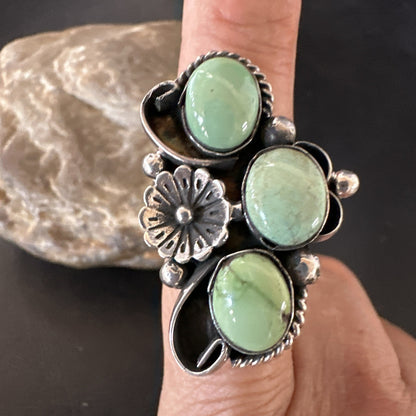 Yazzie Ring Green Turquoise Navajo Sterling Silver Cluster Size 8.5 19230