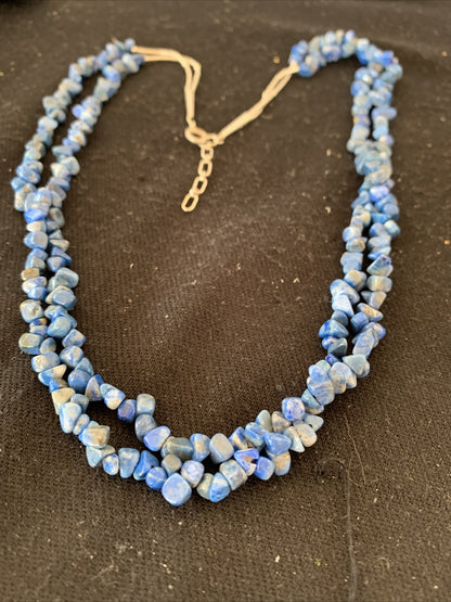 Blue Lapis Bead Liquid Heishi 2 Strands Sterling Silver Tubes Necklace 00851