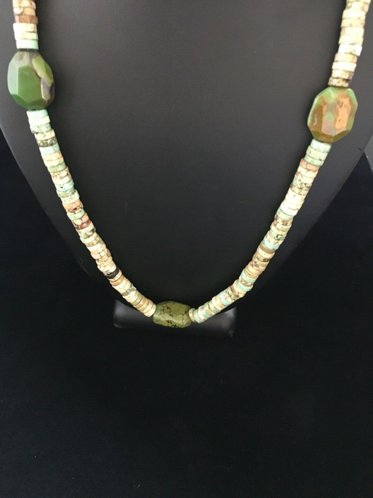 Mens Green Turquoise Chunky Navajo Sterling Silver Heishi Necklace 22" 1781