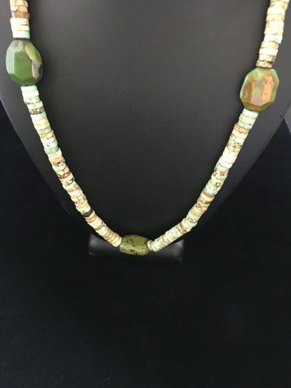 Mens Green Turquoise Chunky Navajo Sterling Silver Heishi Necklace 22" 1781