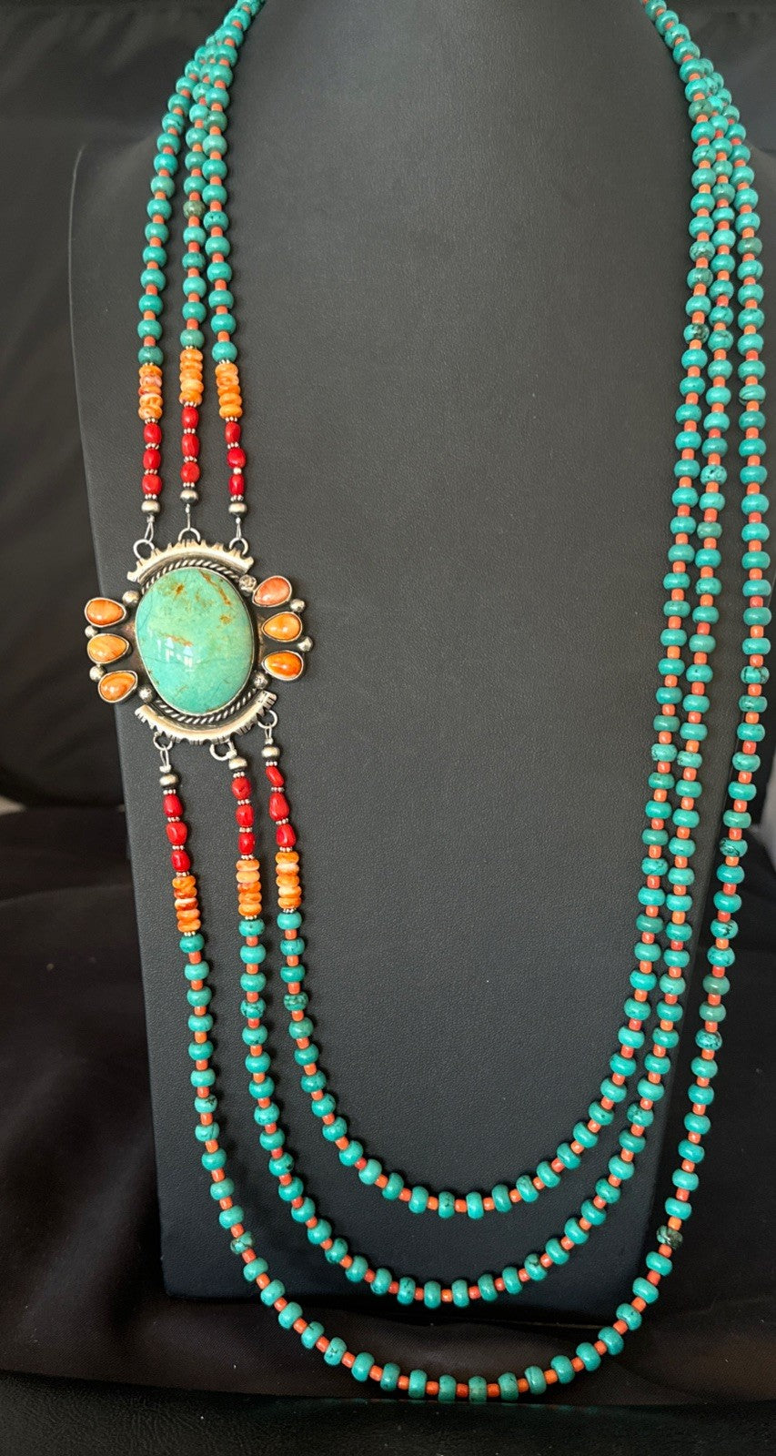 XL Statement Green Turquoise Spiny Navajo 3S Sterling Silver Necklace 34” 19675