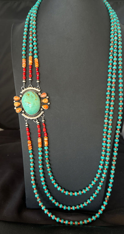 XL Statement Green Turquoise Spiny Navajo 3S Sterling Silver Necklace 34” 19675