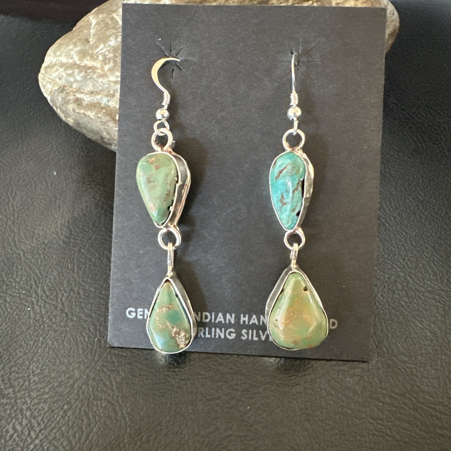 Green Royston Turquoise Navajo Sterling Silver Dangle Earrings 19416