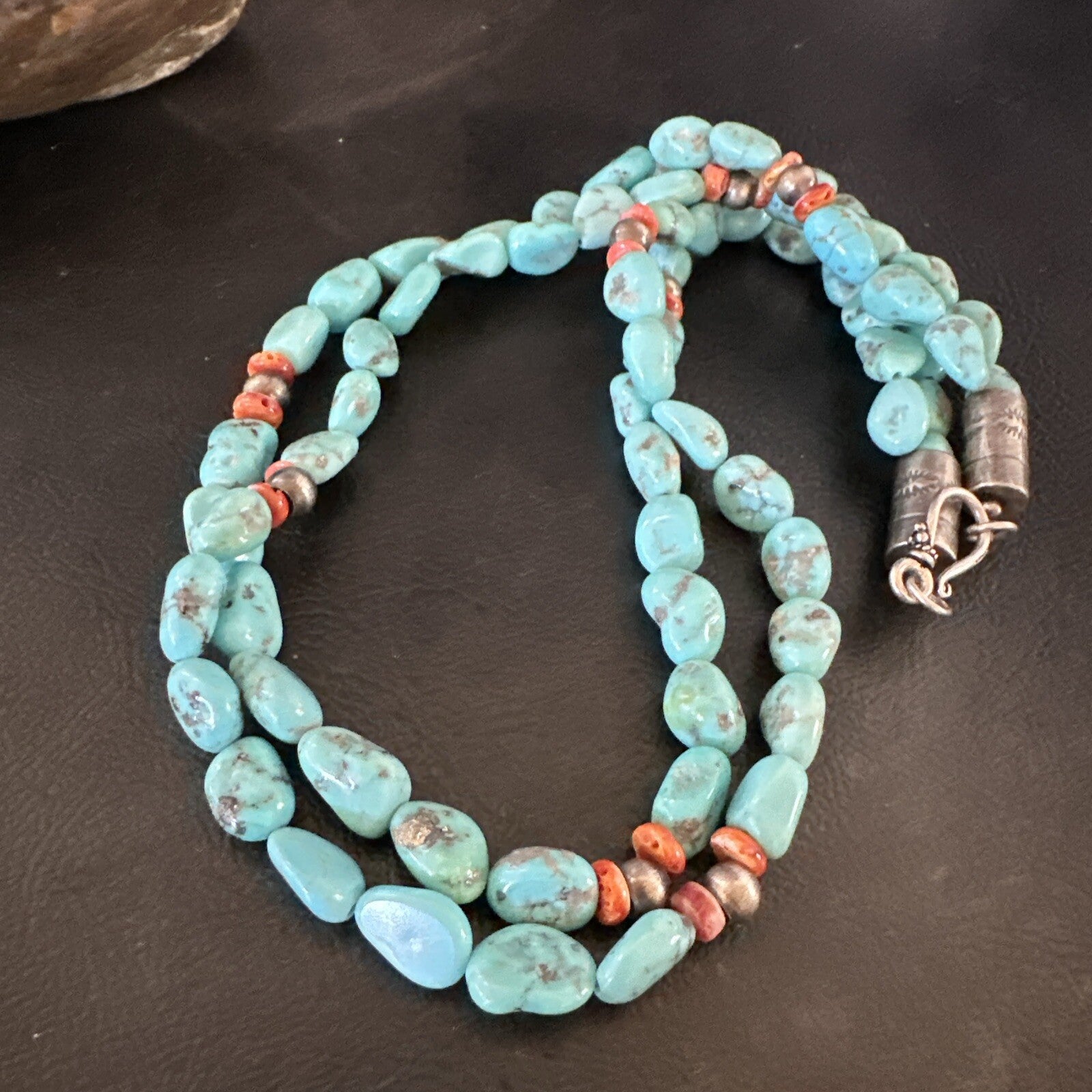 Spiny Oyster Nacosari Turquoise 2S Navajo Sterling Silver Necklace 19" 17785