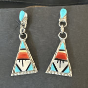 Turquoise Onyx Inlay Zuni Old Pawn Earrings | Sterling Silver | Authentic Native American Handmade | 00269