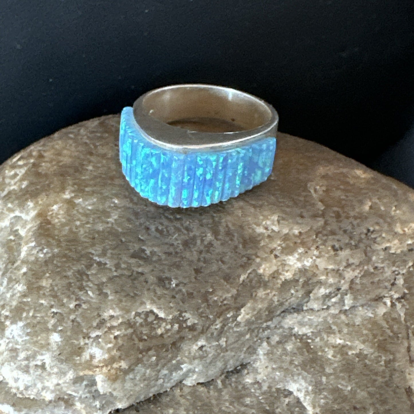 Blue Opal Navajo Sterling Silver Band Inlay Ring Size7 18799