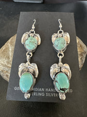 Navajo Green Turquoise Dangle Earrings 2" | Sterling Silver | Authentic Native American Handmade | 17914