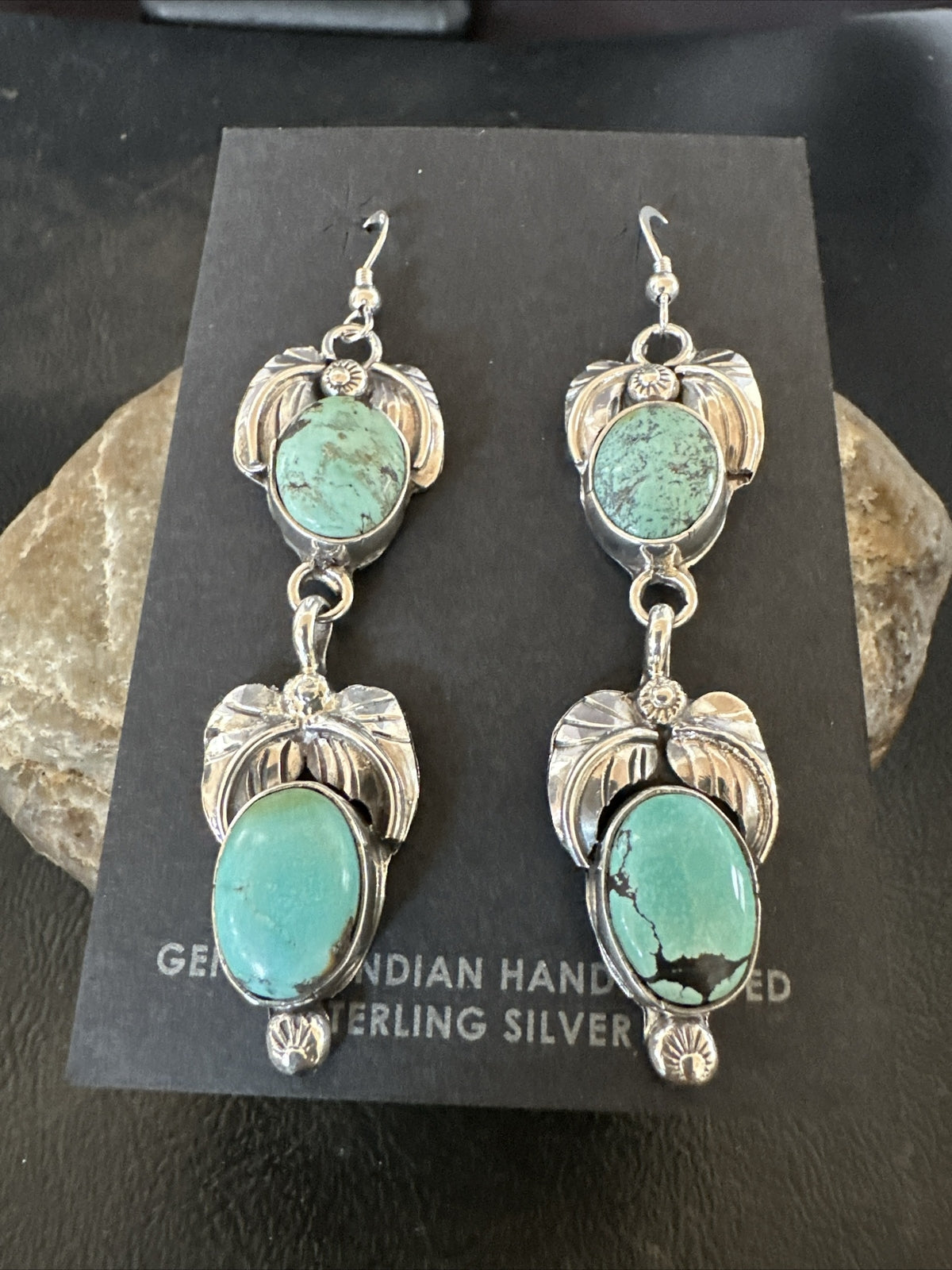 Native Navajo Green Turquoise Sterling Silver Dangle Earrings 2” 17914