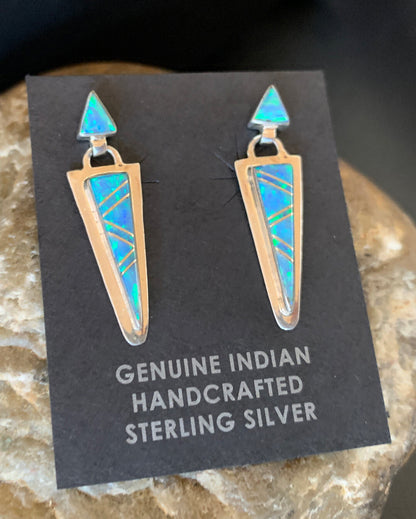 Native Womens Blue Opal Inlay Navajo Sterling Silver Dangle Earrings 12777