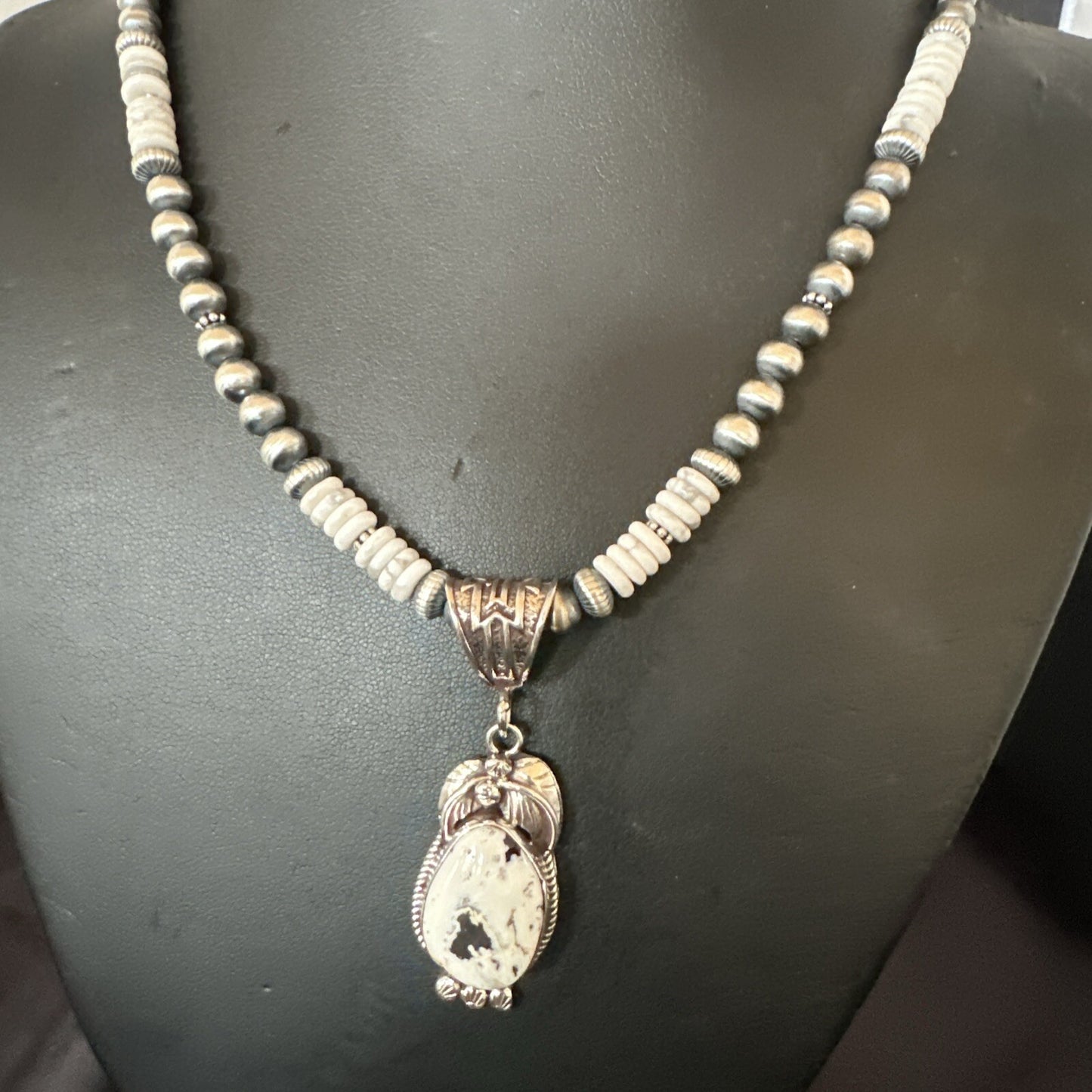 Men Women White Buffalo Turquoise Pendant Navajo Sterling Silver Necklace 17718