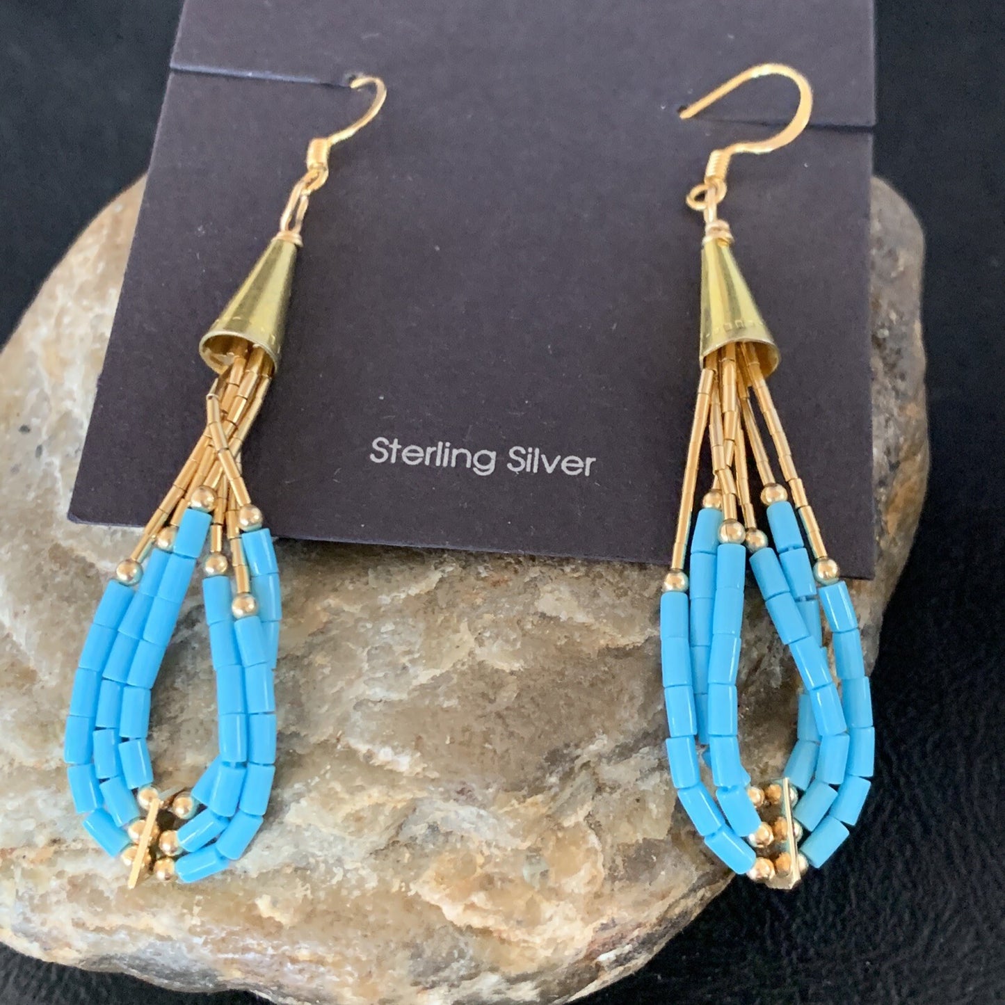 Blue Turquoise Liquid Gold Filled Tubes Dangle Heishi Earrings 2" 13030
