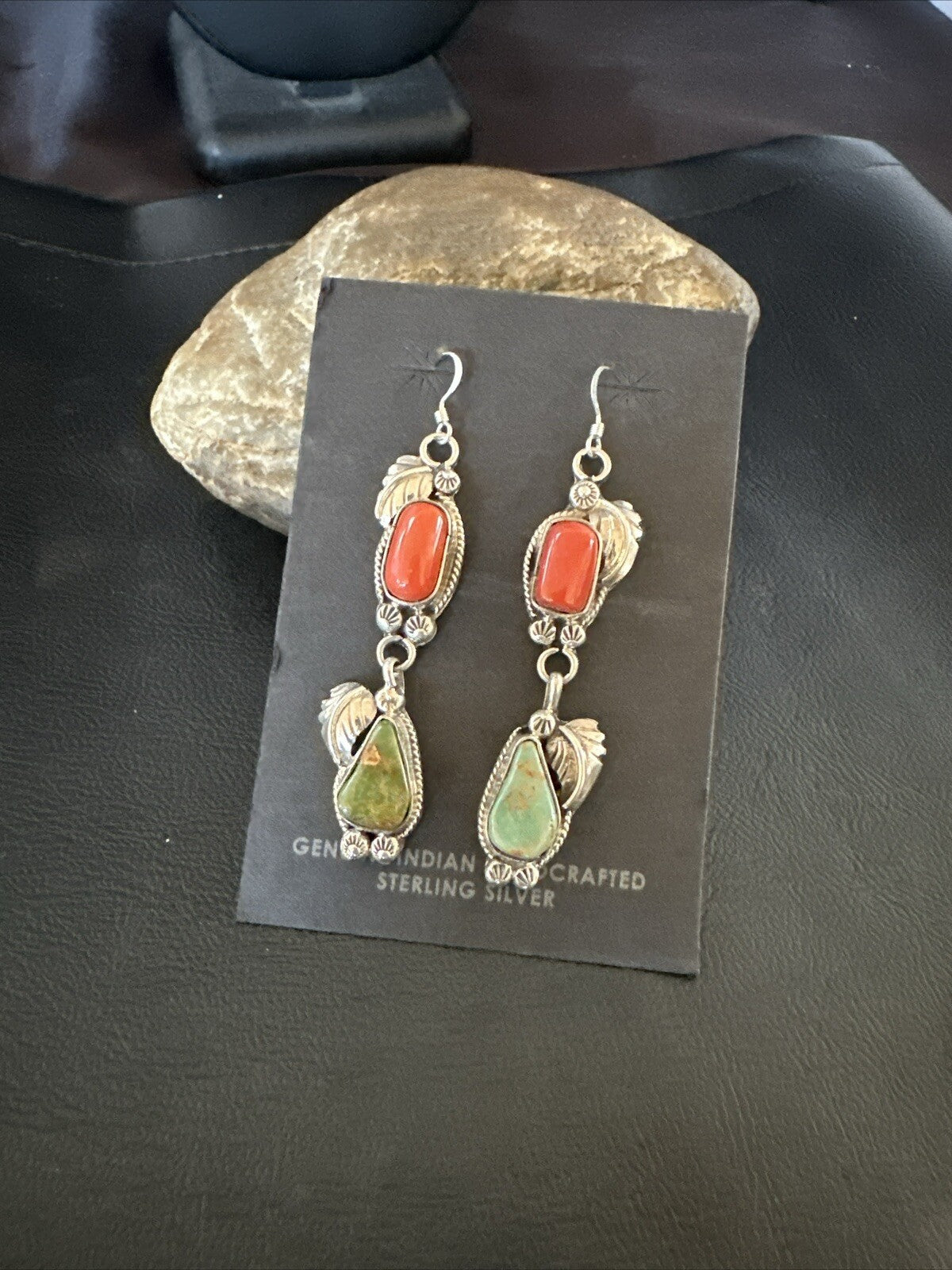 Green Royston Turquoise Red Coral Navajo Sterling Silver Dangle Earrings 1634