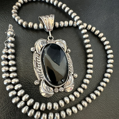 Mens Womens Black Onyx Pendant Navajo Sterling Silver Beads Necklace 18298