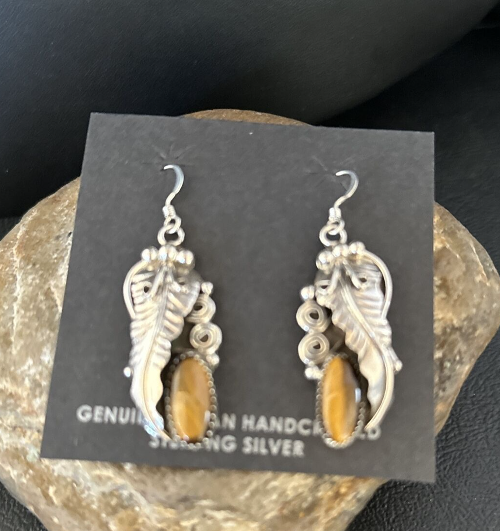 Coffee Tiger's Eye Navajo Sterling Silver Dangle Earrings 14759