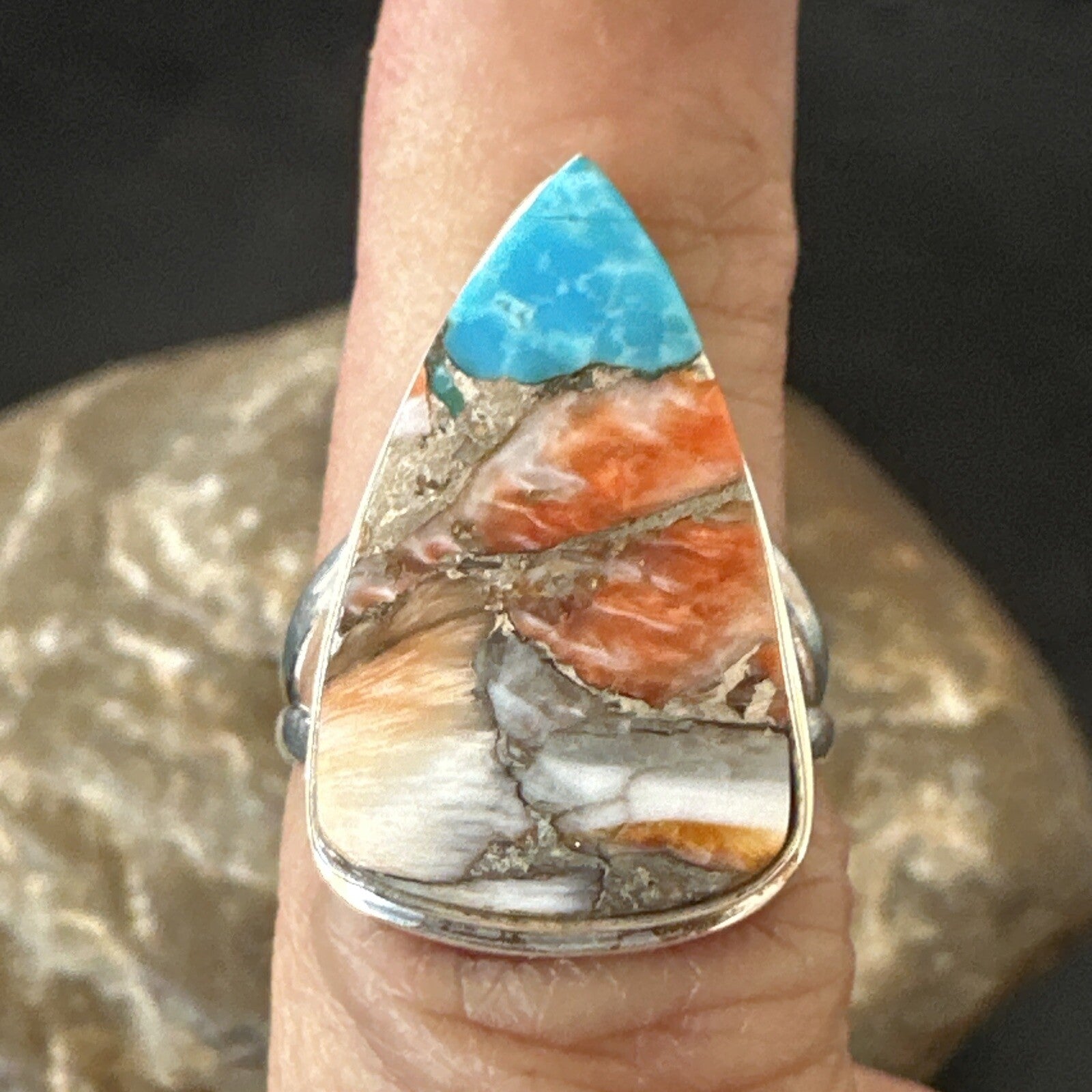 Blue Turquoise Spiny Oyster Southwestern Sterling Silver Ring Size 6 18470