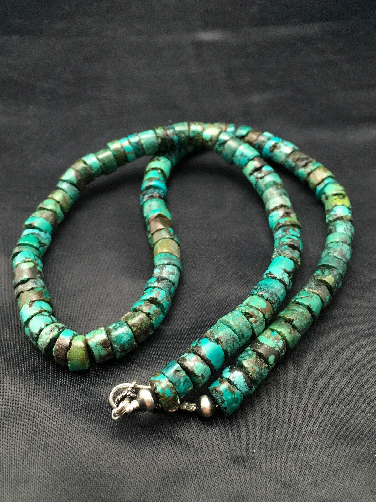 Turquoise Heishi 12 mm Beads Southwestern Sterling Silver Necklace 23” 13976