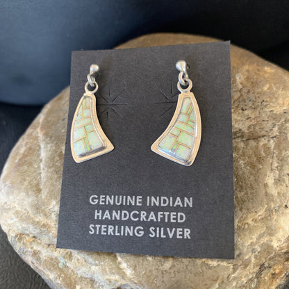 Womens White Opal Inlay Navajo Sterling Silver Dangle Post Earrings 12771