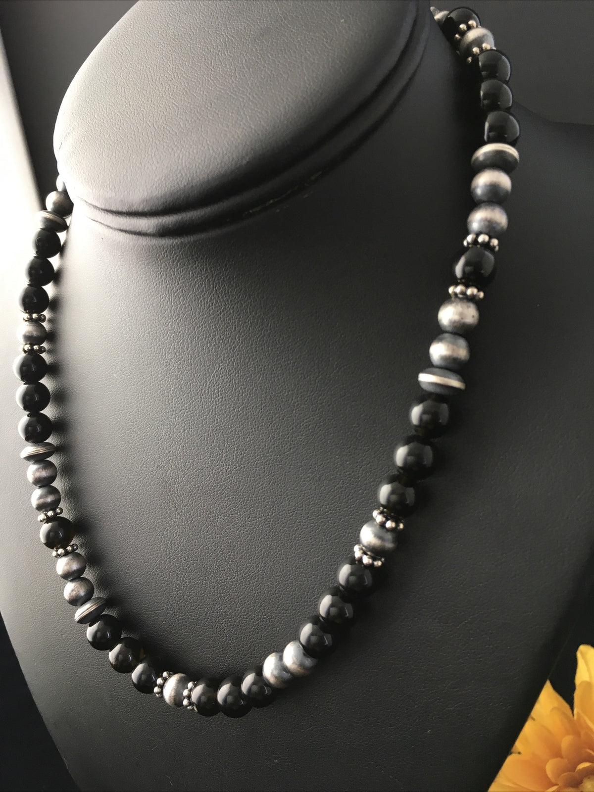 Mens Black Onyx Navajo Sterling Silver Bead Necklace 1743