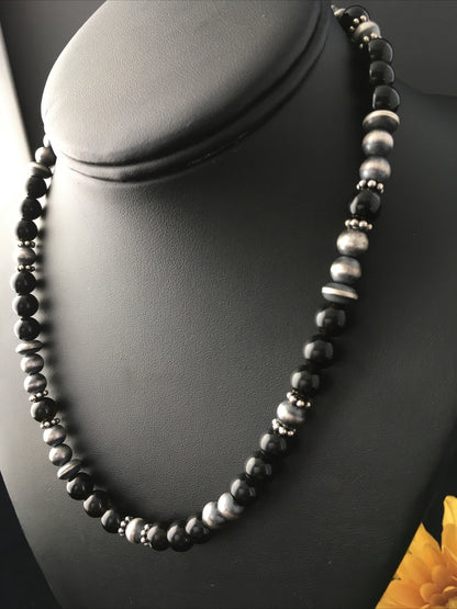 Mens Black Onyx Navajo Sterling Silver Bead Necklace 1743